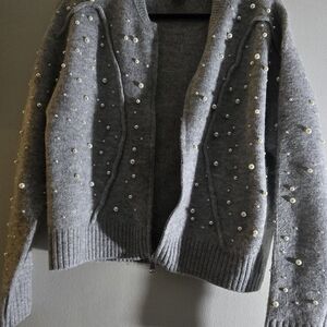 Gray Pearl-Embellished Women's Sweater